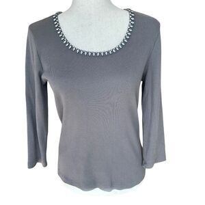 Liz Claiborne Gray Waffle Knit Long Sleeve Top with Rhinestone Neck  Size M